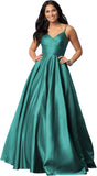 Women's Spaghetti Straps Satin Prom Dresses with Pockets V Neck Pleated Formal Evening Ball Gowns