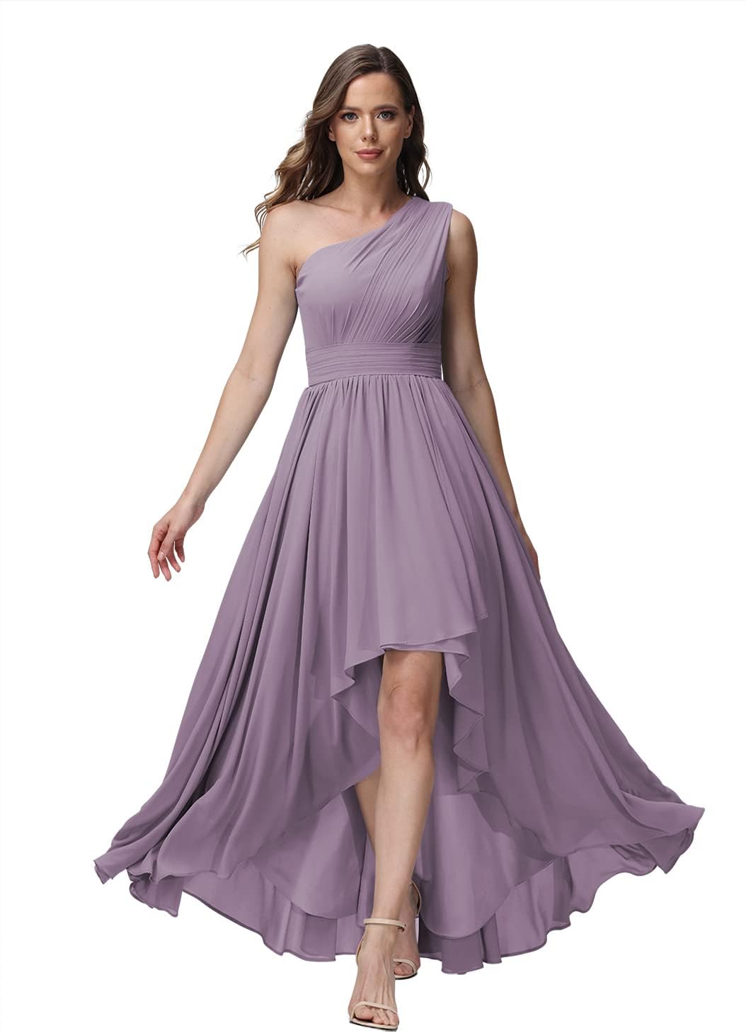 Vestido de dama de honor de un solo hombro para mujer, vestido formal de noche de gasa con bolsillos y corte alto bajo
