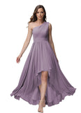 Vestido de dama de honor de un solo hombro para mujer, vestido formal de noche de gasa con bolsillos y corte alto bajo