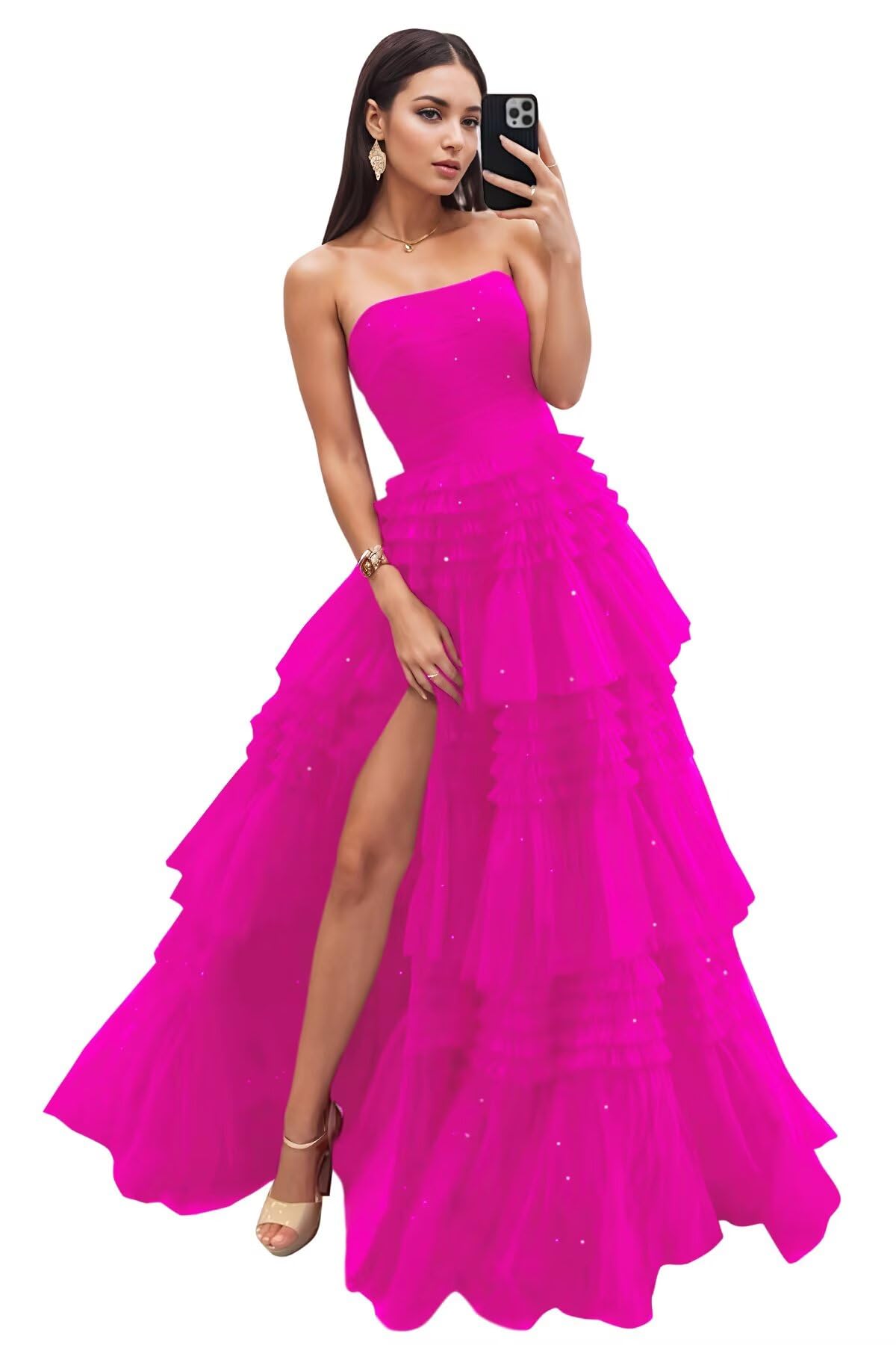 Strapless Tiered Tulle Prom Dresses for Women 2027 Long Sparkly A-Line Formal Evening Party Ball Gowns with Slit