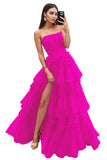 Strapless Tiered Tulle Prom Dresses for Women 2027 Long Sparkly A-Line Formal Evening Party Ball Gowns with Slit