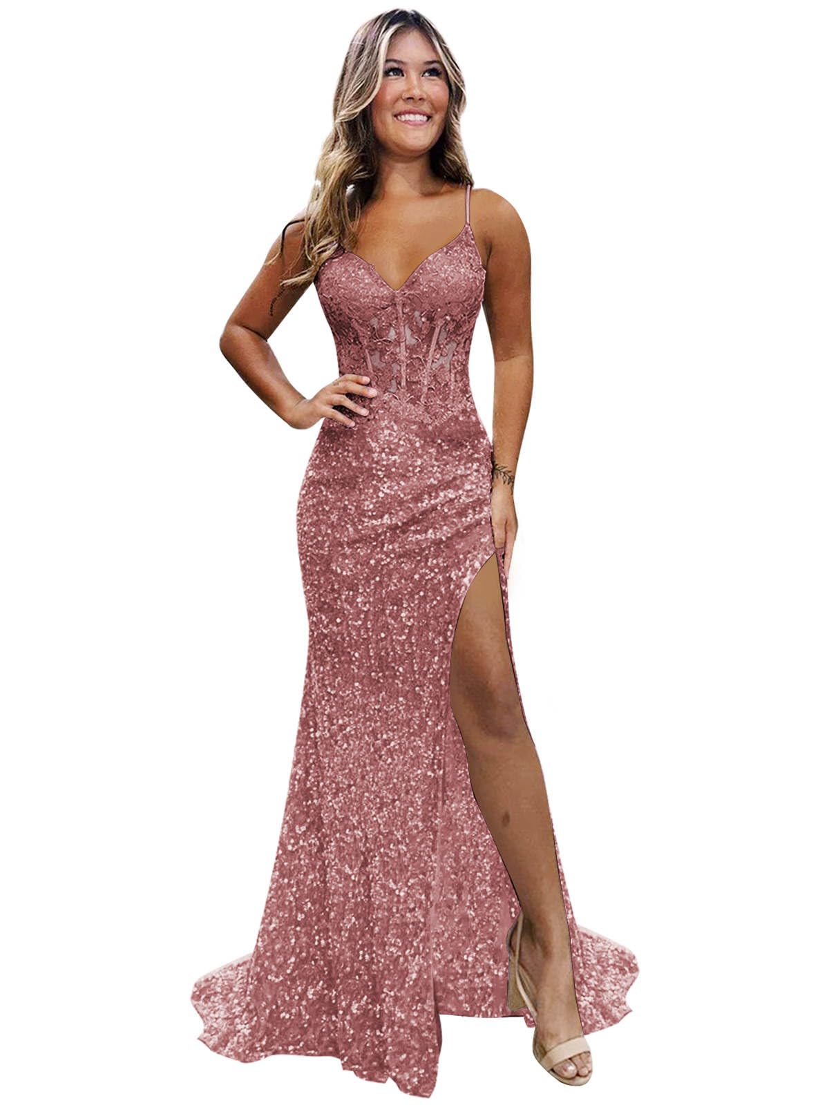 Sparkly Sequin Prom Dresses for Teens 2026 V Neck Glitter Applique Mermaid Formal Evening Gown with Slit