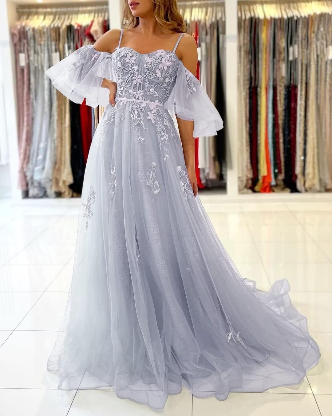 Vestidos de fiesta de tul con hombros descubiertos para adolescentes, vestidos formales con apliques de encaje, vestido de fiesta de noche formal de línea A
