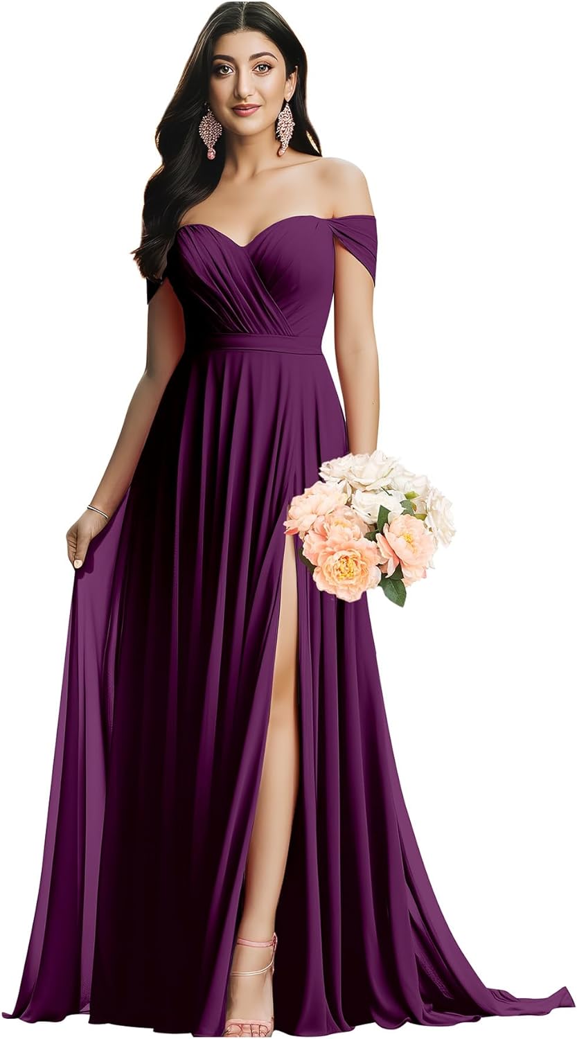 Schulterfreies Brautjungfernkleid für die Hochzeit, gerüschtes Chiffon-Split-Abendkleid mit Taschen 