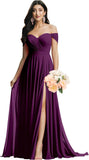Schulterfreies Brautjungfernkleid für die Hochzeit, gerüschtes Chiffon-Split-Abendkleid mit Taschen 