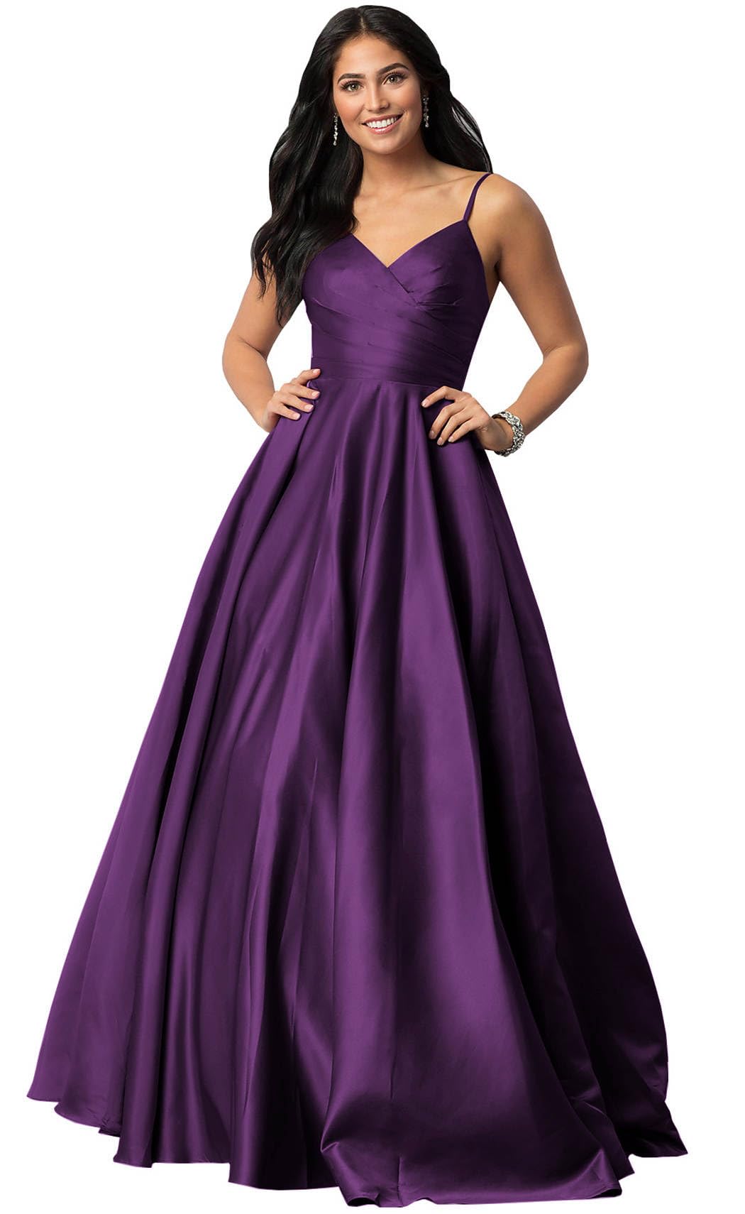 Spaghetti Straps Satin Prom Dresses for Women Long with Pockets Pleated Formal Evening Gowns