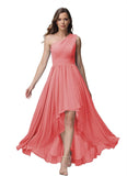 Vestido de dama de honor de un solo hombro para mujer, vestido formal de noche de gasa con bolsillos y corte alto bajo