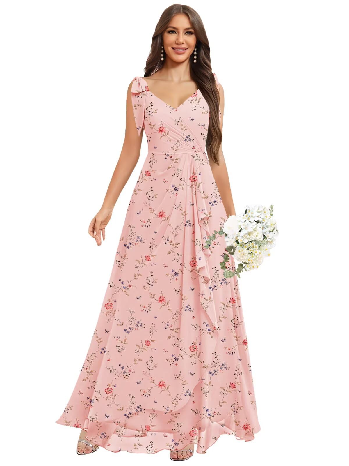 Chiffon Bridesmaid Dresses for Women Ruffles V Neck Flowy Long Formal Evening Dress with Bow