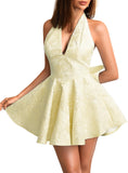 Jacquard Corset Dress,Deep V Halter Mini Dresses with Bow Back,Sexy Birthday Outfits Women Homecoming Prom Formal