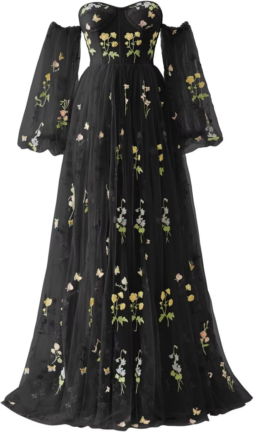Vestidos de fiesta de tul con bordado de flores para mujer, 2024, largos, con hombros descubiertos, formales, para noche 