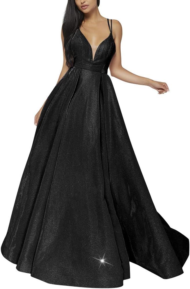 Women's Glittery Spaghetti V-Neck Prom Dresses Long Side Split Formal Evening Gowns
