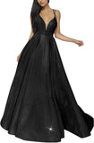 Women's Glittery Spaghetti V-Neck Prom Dresses Long Side Split Formal Evening Gowns
