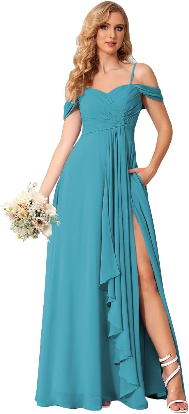 Damen Schulterfreies Brautjungfernkleid Lang mit Schlitz Chiffon Rüschen Falten Formales Partykleid 