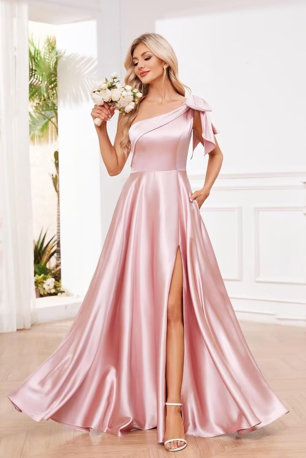 One Shoulder Bridesmaid Dresses for Women 2027 Long Satin A-line Formal Evening Party Dress with Slit
