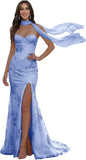 Floral Prom Dresses for Teens Strapless Mermaid Corset Tulle Formal Evening Gown with Slit Scarf