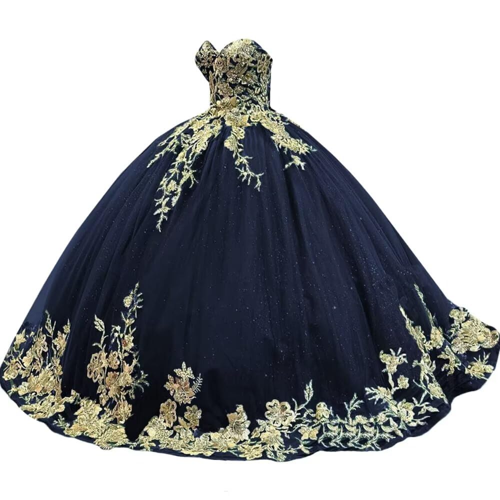 Sparkly Tulle Sweet 15 16 Quinceanera Dress Lace 3D Floral Ball Gown Strapless Puffy Prom Formal Gown