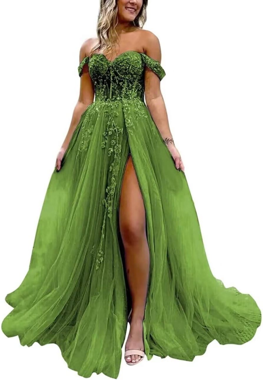 Off The Shoulder Tulle Prom Dress with Laces Applique A-line Slit Long Ball Gowns Glitter Formal Evening Dress