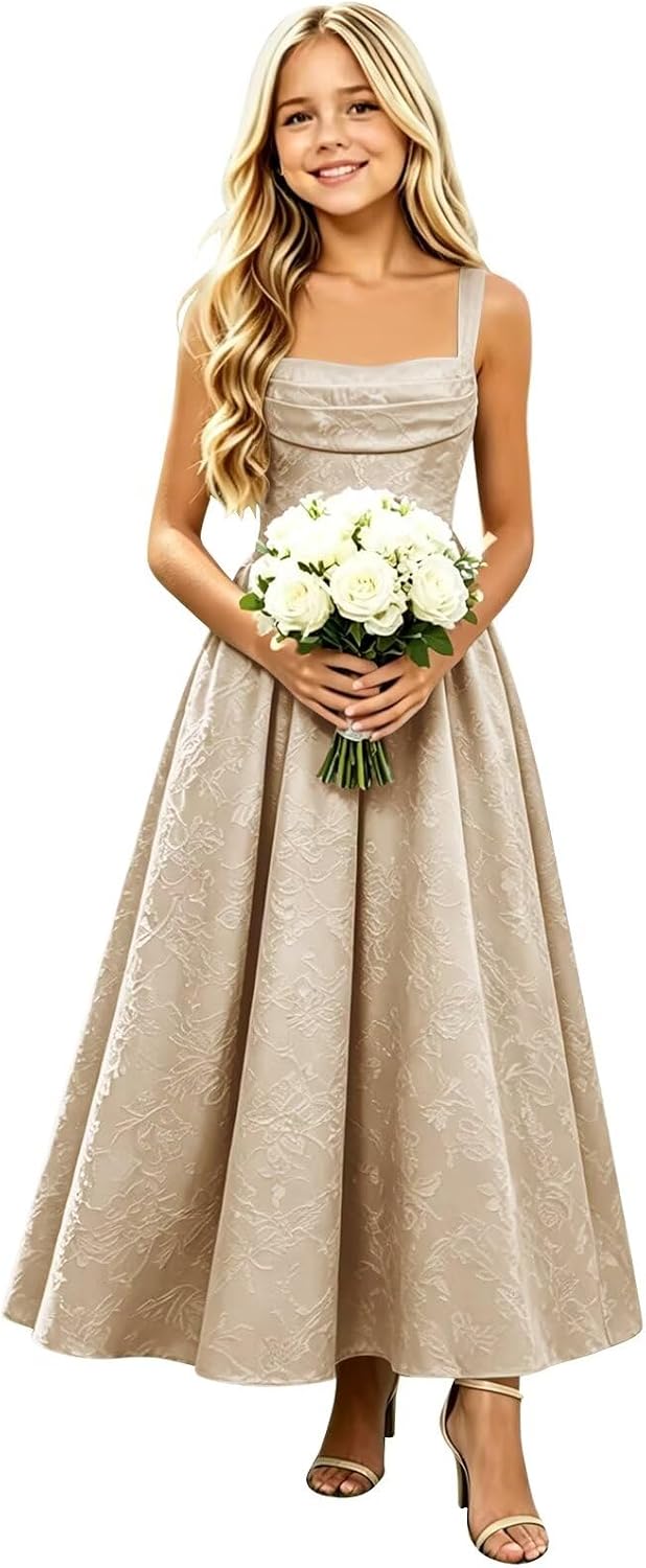 Girls Floral Satin Jacquard Junior Bridesmaid Dresses Long Ruched Flower Girl Dress for Wedding