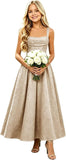 Girls Floral Satin Jacquard Junior Bridesmaid Dresses Long Ruched Flower Girl Dress for Wedding
