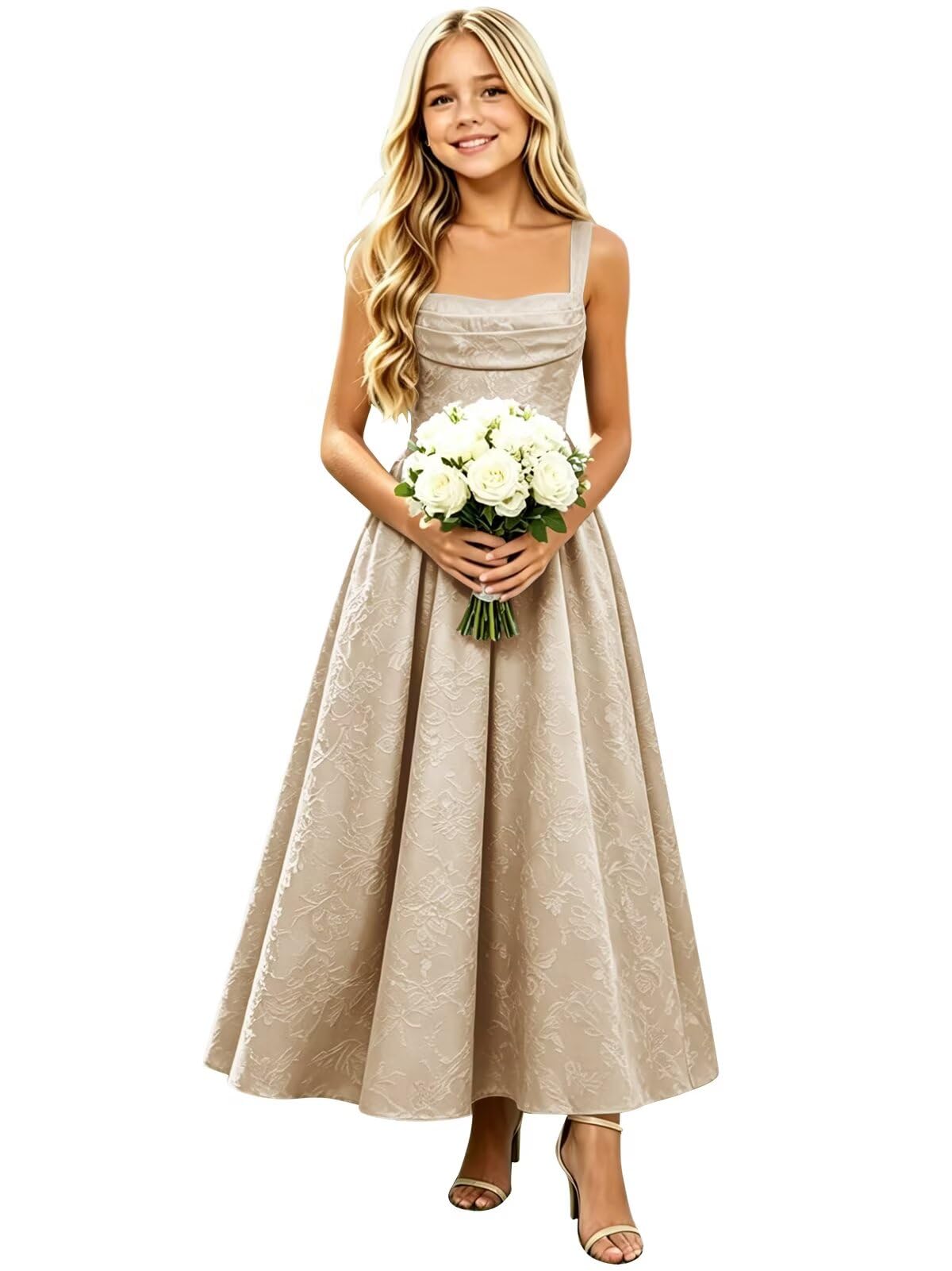 Girls Floral Satin Jacquard Junior Bridesmaid Dresses Long Ruched Flower Girl Dress for Wedding
