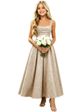 Girls Floral Satin Jacquard Junior Bridesmaid Dresses Long Ruched Flower Girl Dress for Wedding