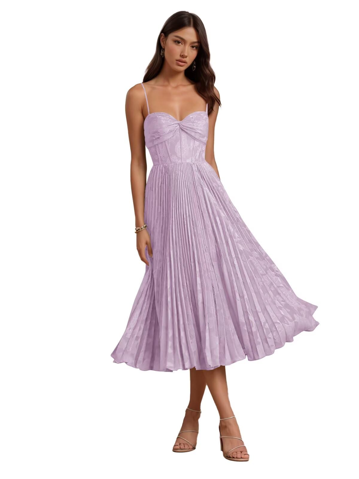 Floral Satin Midi Wedding Guest Dresses Pleated Tea Length Formal Evening Party Gowns