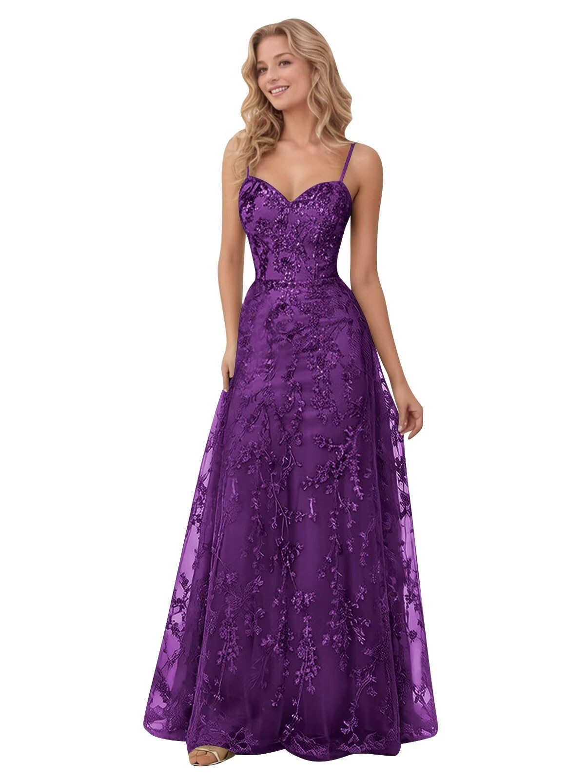 Spaghetti Strap Sparkly Prom Dress for Women Long Tulle Formal Dress Laces Evening Party Gown
