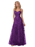 Spaghetti Strap Sparkly Prom Dress for Women Long Tulle Formal Dress Laces Evening Party Gown