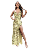 Spaghetti Straps Sequin Prom Dresses for Women Sparkly Long V Neck Mermaid Formal Evening Party Gowns with Slit