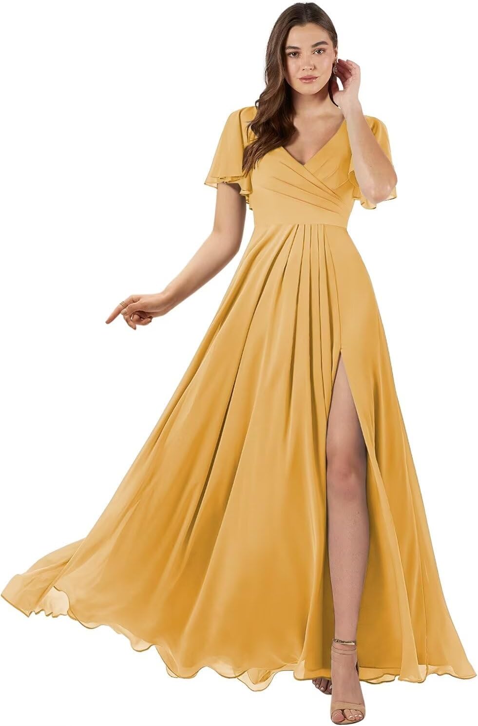 Damen Brautjungfernkleider mit Flatterärmeln, lang, mit Schlitz, V-Ausschnitt, Chiffon, formelle Kleider 