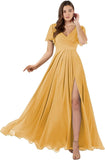 Damen Brautjungfernkleider mit Flatterärmeln, lang, mit Schlitz, V-Ausschnitt, Chiffon, formelle Kleider 