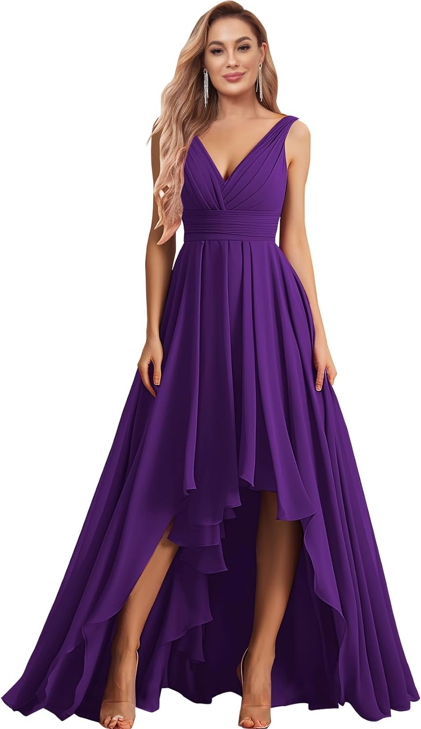 Vestidos de dama de honor con escote en V para mujer, para boda, con bolsillos, de gasa fruncida, largos, formales, para fiesta de graduación y noche.
