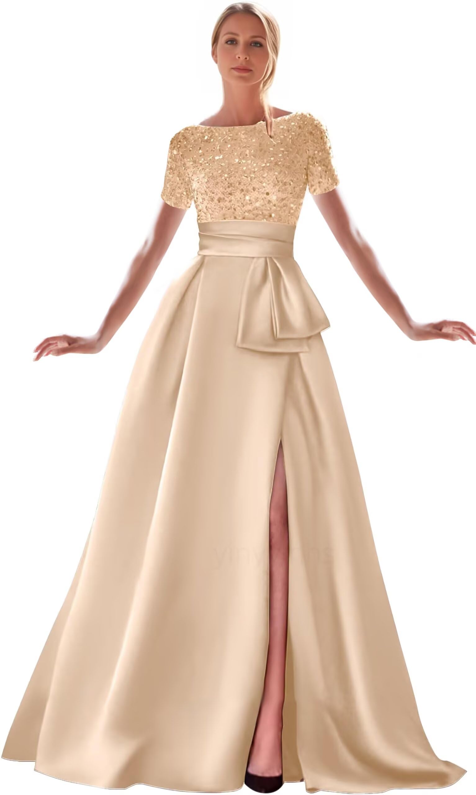 Kingbridal Gowns Short Sleeve Sequin Prom Dresses for Women 2026 Satin A-Line Sparkly Formal Evening Party Ball Gowns with Slit