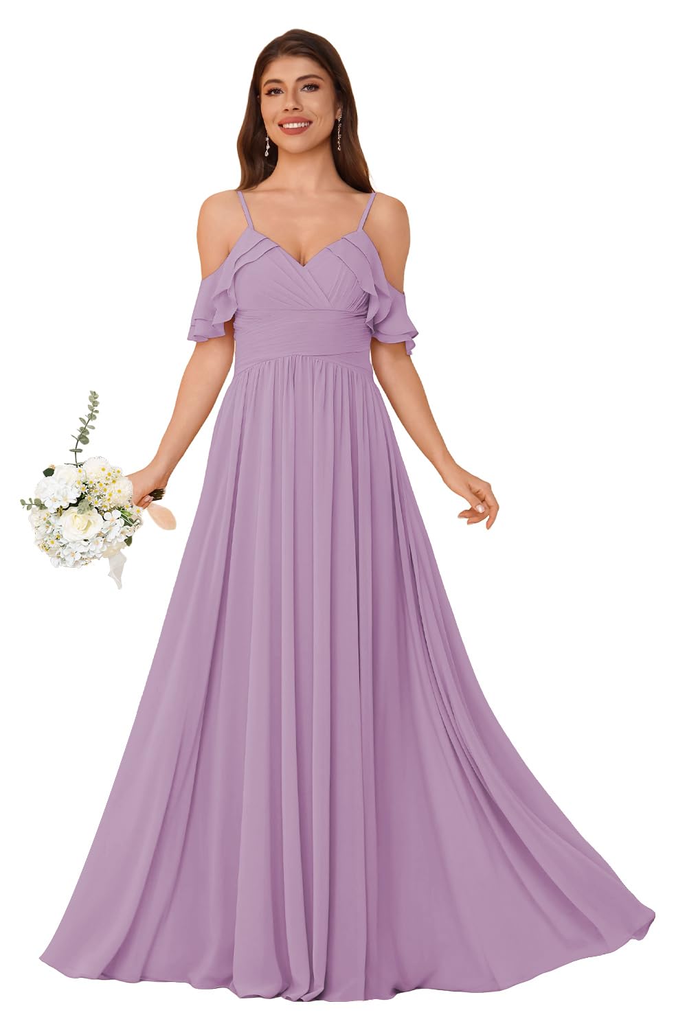 Women's Long Chiffon Bridesmaid Dresses Ruffle V Neck Formal Evening Prom Gown Spaghetti Strap Maxi Wedding Guest Dress
