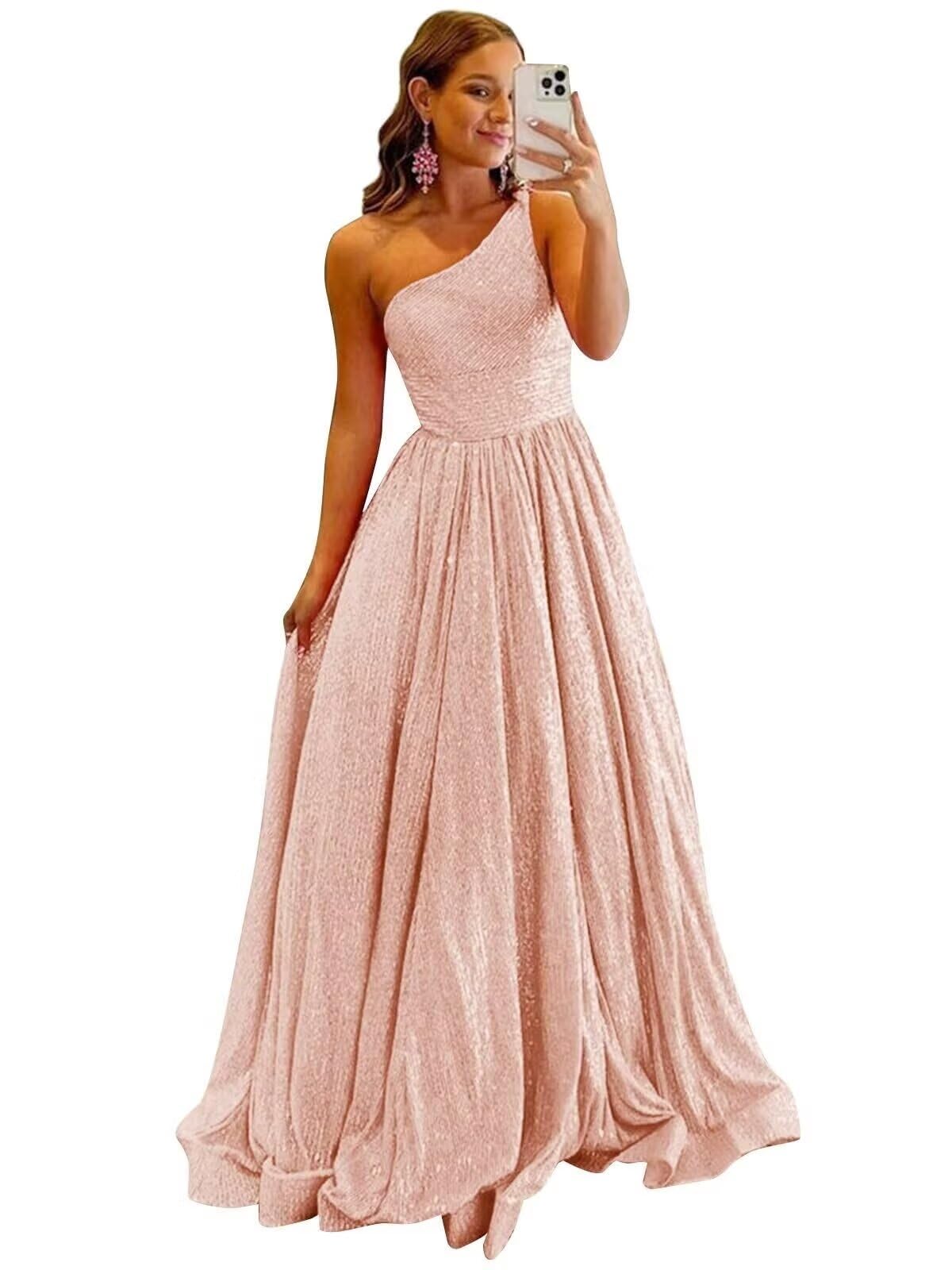 One Shoulder Sequin Prom Dresses for Women 2027 Sparkly Long A-Line Formal Evening Party Ball Gowns with Pockets