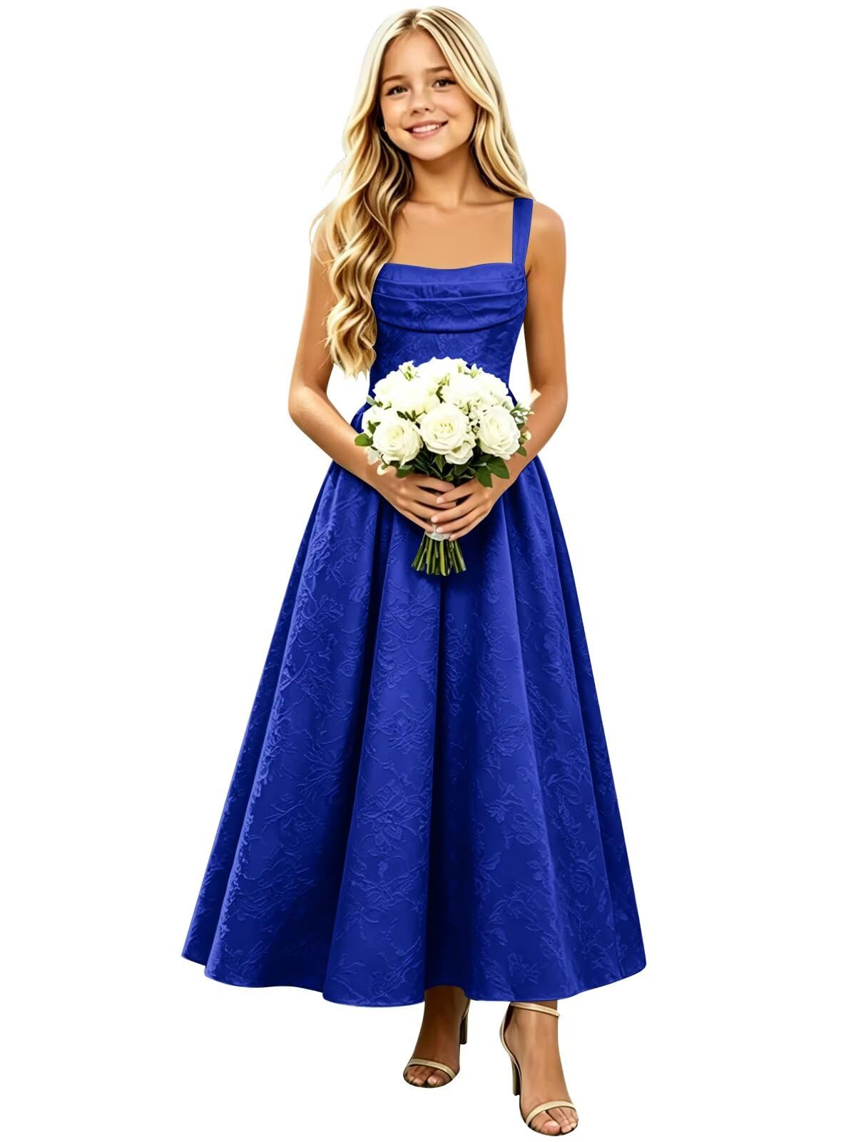 Floral Satin Jacquard Junior Bridesmaid Dresses Long Ruched Flower Girl Dress for Wedding