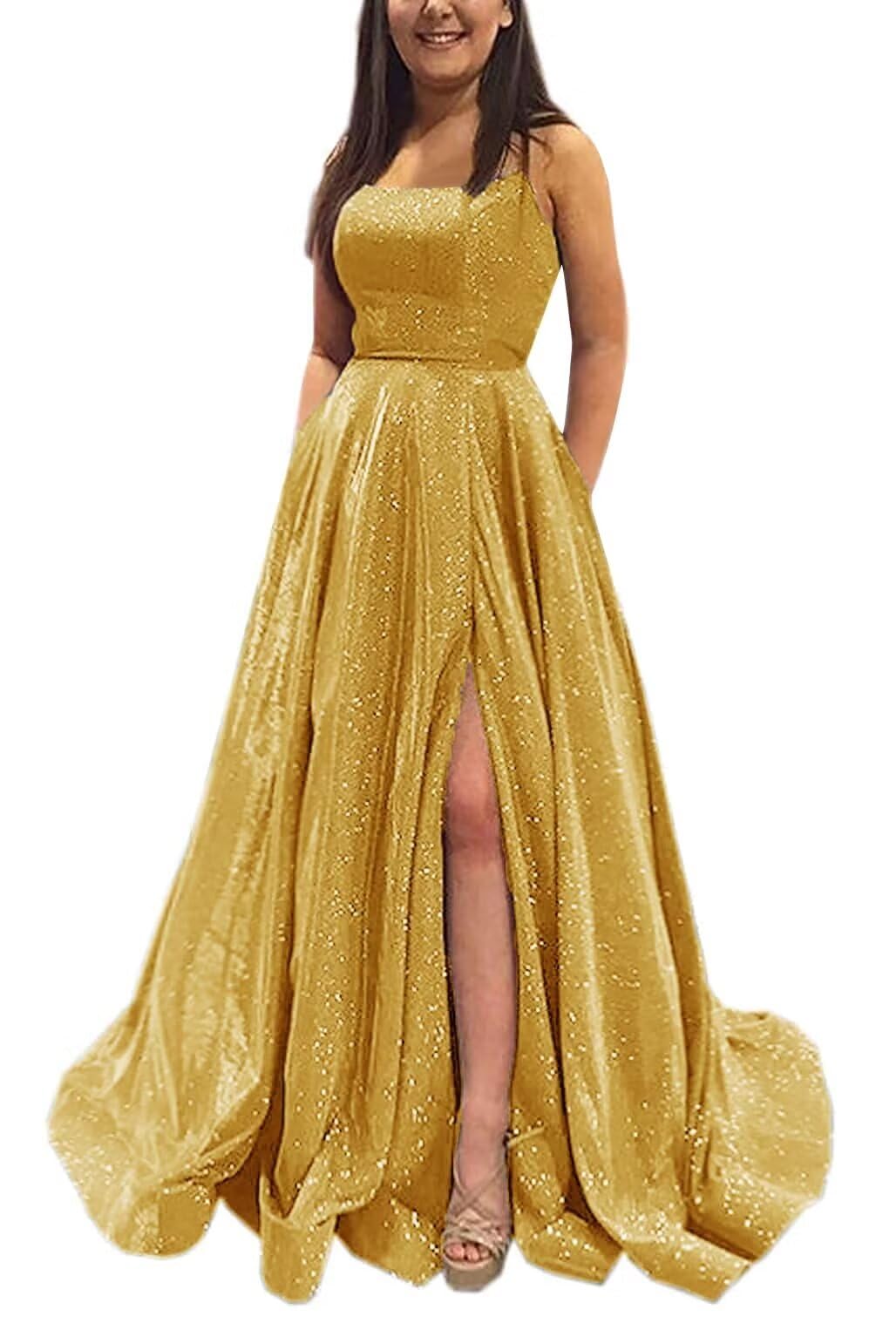 Kingbridal Gowns Spaghetti Straps Prom Dresses Long for Women 2026 A Line Sequin Satin Formal Evening Party Ball Gowns with Slit