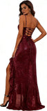 Spaghetti Straps Prom Dresses Long Glitter Sequin Formal Evening Party Dresses with Slit