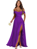 Women's Long Chiffon Bridesmaid Dresses with Slit Off Shoulder A-Line Formal Prom Evening Gown Maxi Wedding Guest Dress