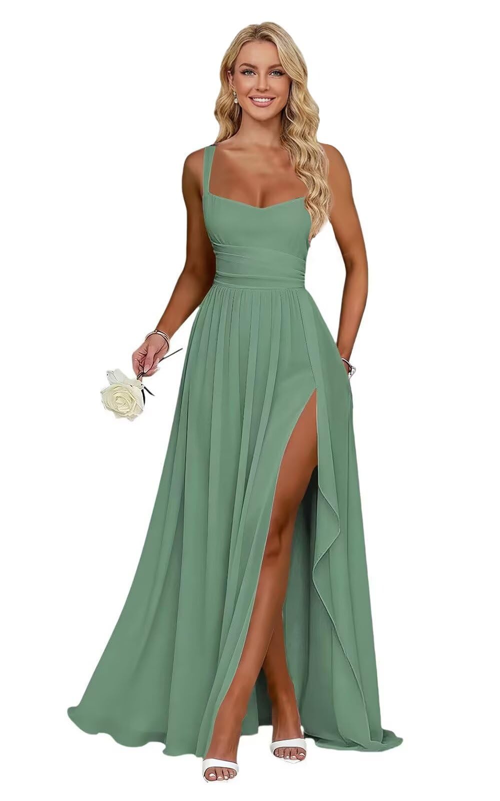 Ruffle Chiffon Bridesmaid Dress Long Square Neck Pleated Formal Gowns with Slit for Women Plus Size Spaghetti Straps Ruffles