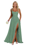 Ruffle Chiffon Bridesmaid Dress Long Square Neck Pleated Formal Gowns with Slit for Women Plus Size Spaghetti Straps Ruffles