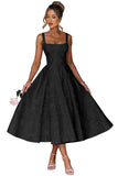 Floral Satin Jacquard Prom Dresses 2026 A-Line Tea Length Midi Square Neck Evening Party Gown with Pockets for Women