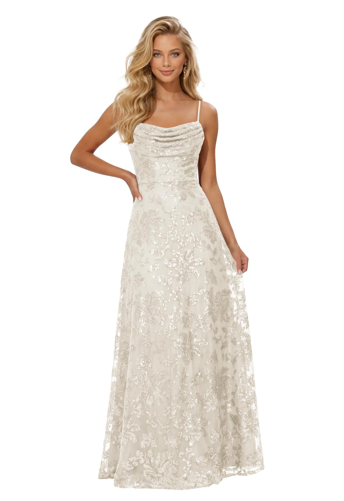 Lace Sequin Prom Dresses Spaghetti Straps A-Line Cowl Neck Pleated Sparkly Long Formal Evening Party Gowns
