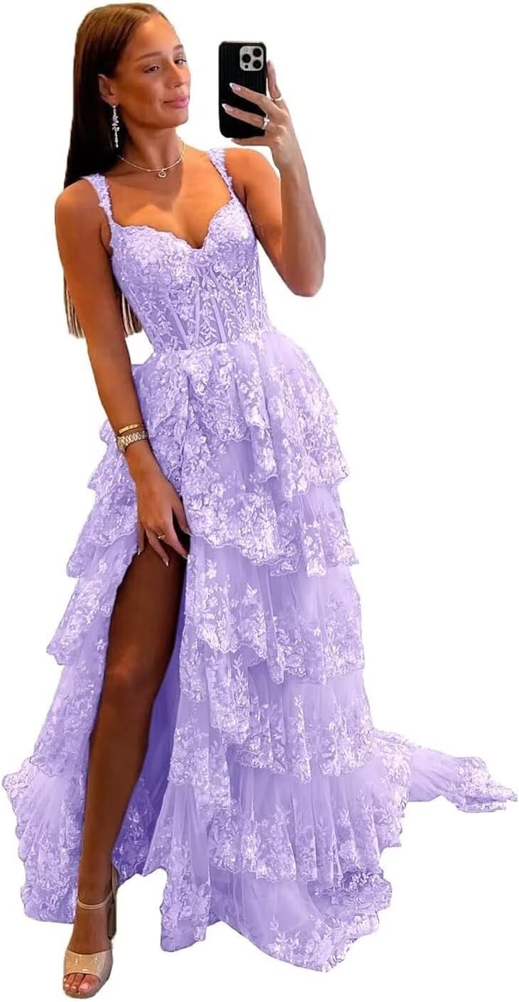 Vestido de fiesta de tul con encaje y capas, tirantes finos y abertura larga, corsé brillante, vestidos formales de fiesta de noche 