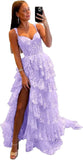 Vestido de fiesta de tul con encaje y capas, tirantes finos y abertura larga, corsé brillante, vestidos formales de fiesta de noche 