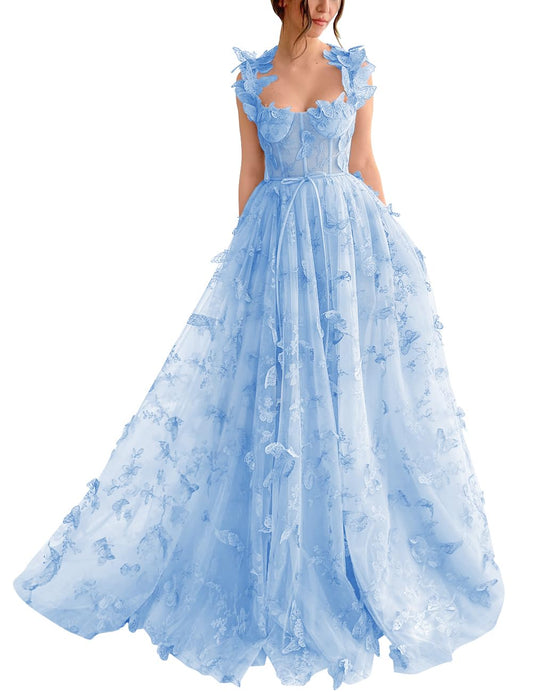 3D Butterfly Tulle Prom Dresses with Slit Fairy Ball Gown Lace Appliques Evening Formal Party Dress with Pockets Long