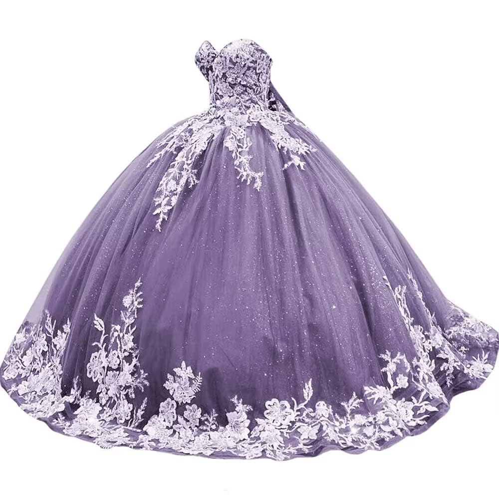 Sparkly Tulle Sweet 15 16 Quinceanera Dress Lace 3D Floral Ball Gown Strapless Puffy Prom Formal Gown