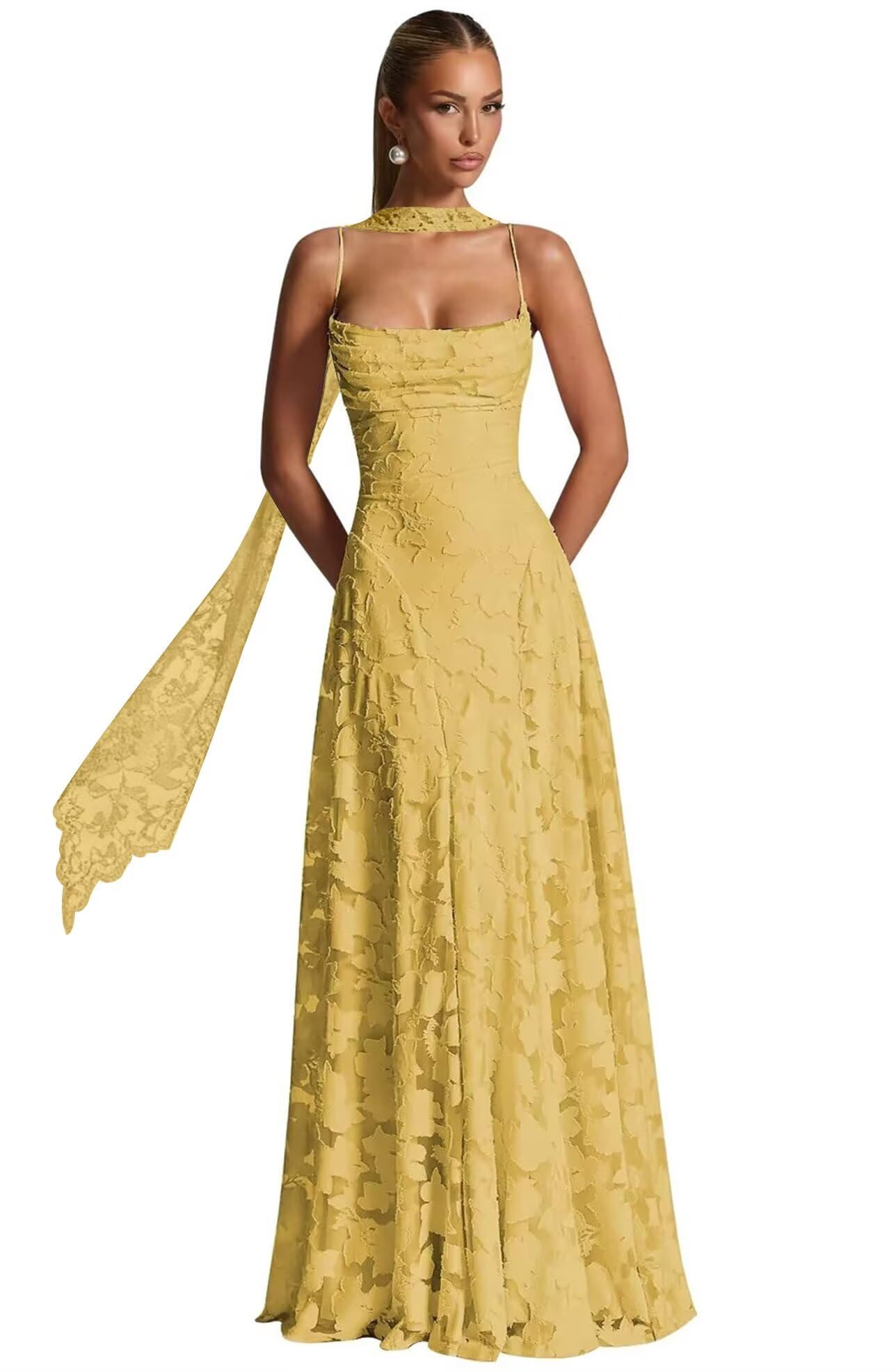 Floral Lace Bridesmaid Dresses for Women Long Spaghetti Straps Formal Evening Gowns with Scarf