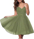 Short Homecoming Dresses Spaghetti Straps V Neck Glitter Tulle Ball Gown Short Prom Graduation Dress for Juniors