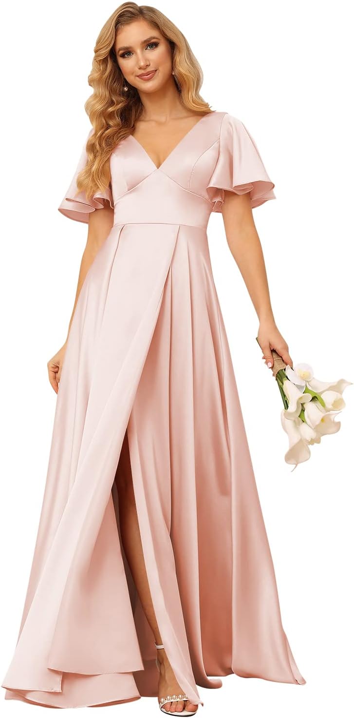 Women's V Neck Ruffle Sleeves Bridesmaid Dresses with Slit 2025 Satin A-Line Formal Evening Gowns